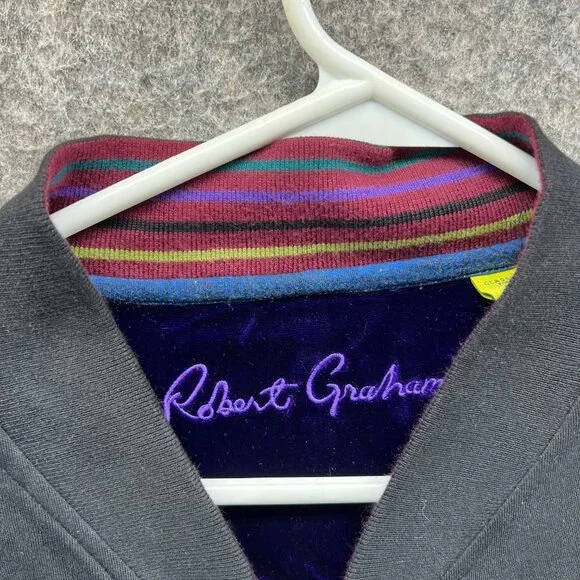 Robert Graham Bomber Jacket Men Large Black Purple Full Zip Classic Fleece Rare - Picture 10 of 13